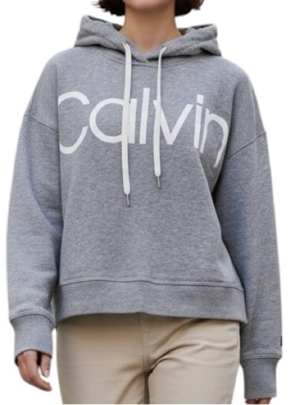 Calvin Klein Light Heather Gray Logo Pullover Hoodie Size Large Women Sweatshirt